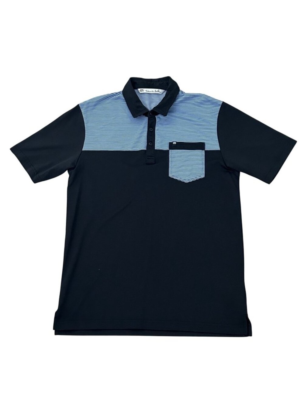 Travis Mathew Black & Blue Striped Polo Shirt Chest Pocket Mens Size Medium